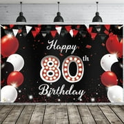 Happy 80th Birthday Banner, Red Black Happy 80th Birthday Party Decorations for Men Women, 80 Year Old Birthday Supplies Backdrop Décor